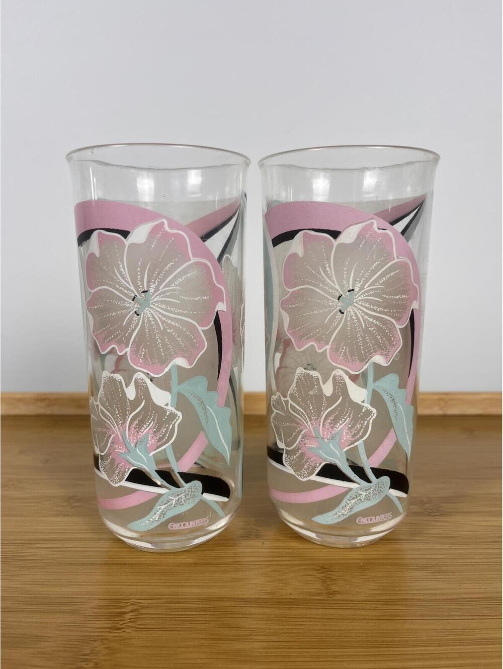 Culvers Encounters Floral Drinking Glasses Set of 2 Retro Tumblers Vintage